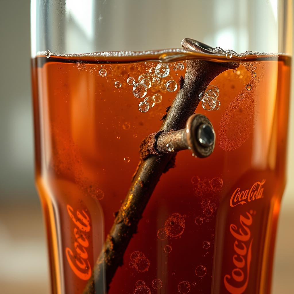 A detailed visualization of a nail submerged inside Coca-Cola for a month, illustrating the chemical reaction and corrosion process