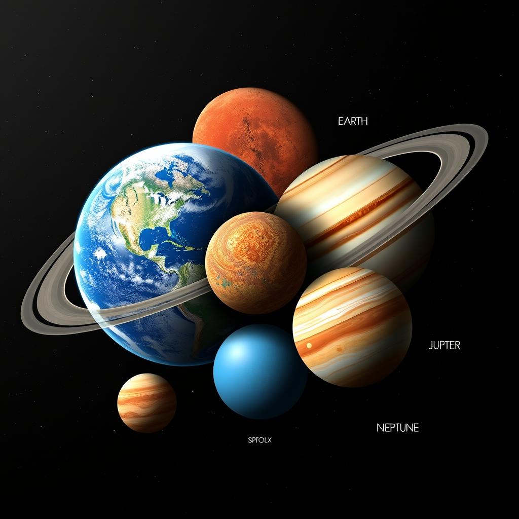 A stunning montage of various planets in our solar system, showcasing their distinct features and colors