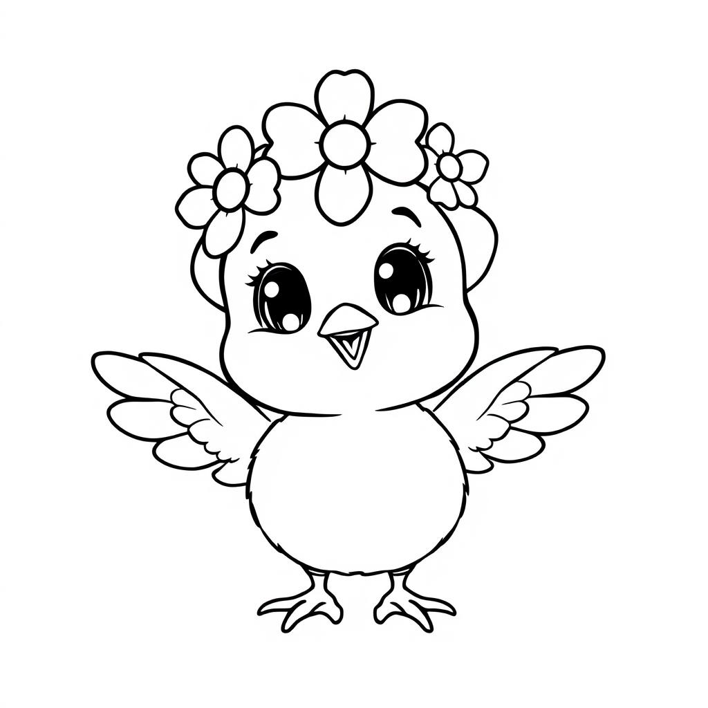 A cute little chick wearing a flower hat, with big round eyes, spread wings, and a joyful face