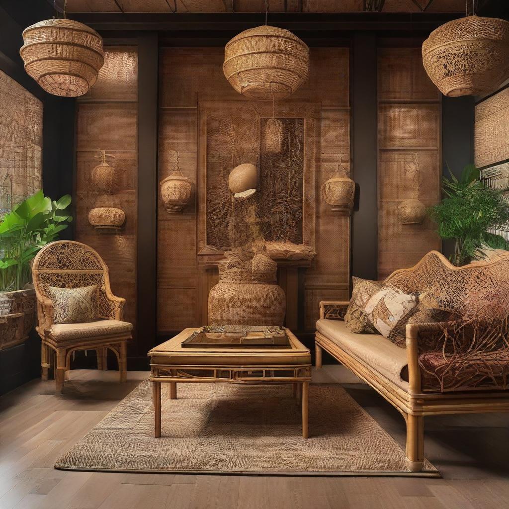 Conjure a cozy family gathering scene in the gallery-like store with rattan and bamboo benches, accentuated with wayang (traditional Indonesian puppet) accessories, enhancing the cultural richness of the setting.