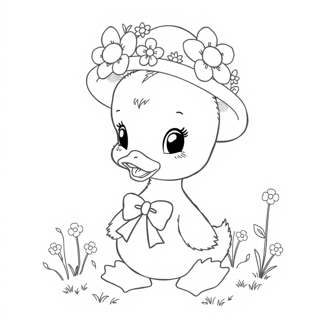 A cute little duckling wearing a flower-decorated hat and a bow