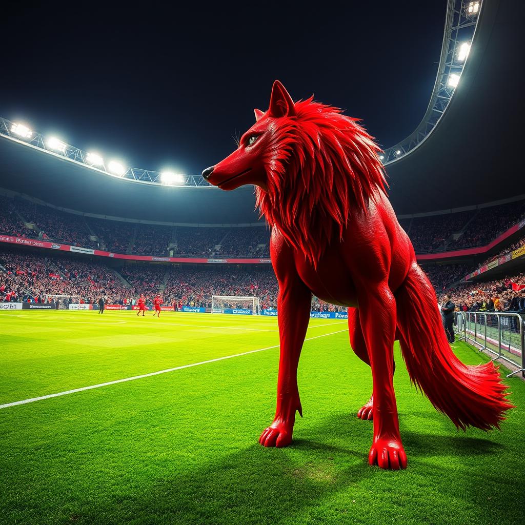 A gigantic red wolf standing majestically in Tabriz Football Stadium, the scene filled with excitement as fans cheer in the stands