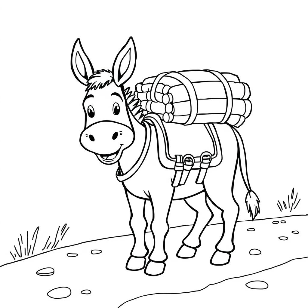 A smiling donkey carrying a large bundle tied on its back