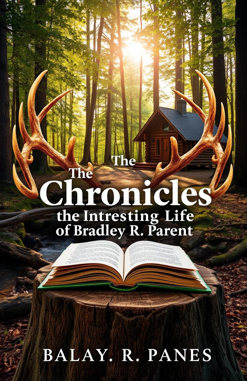 A serene woodland scene featuring a cozy cabin nestled among tall trees, with a gentle creek flowing nearby