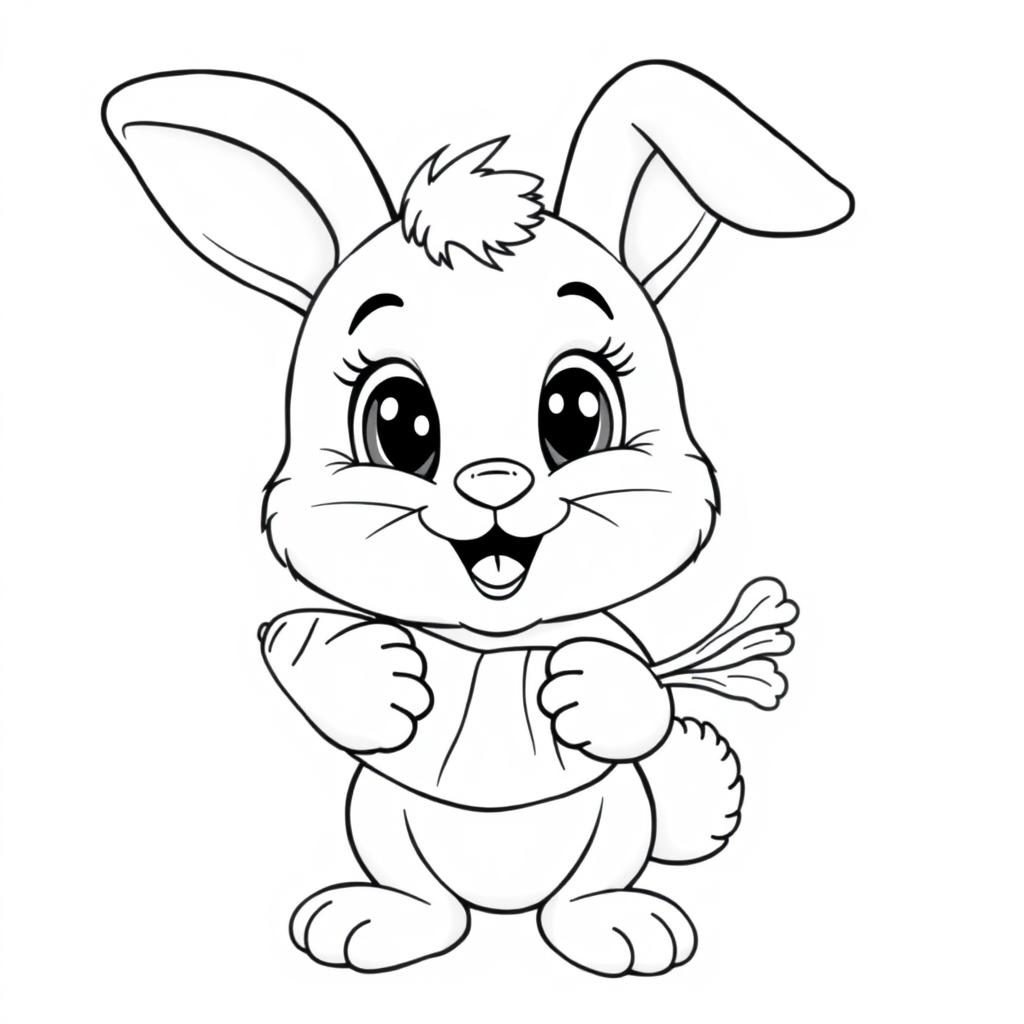 A smiling little bunny holding a large carrot with both paws