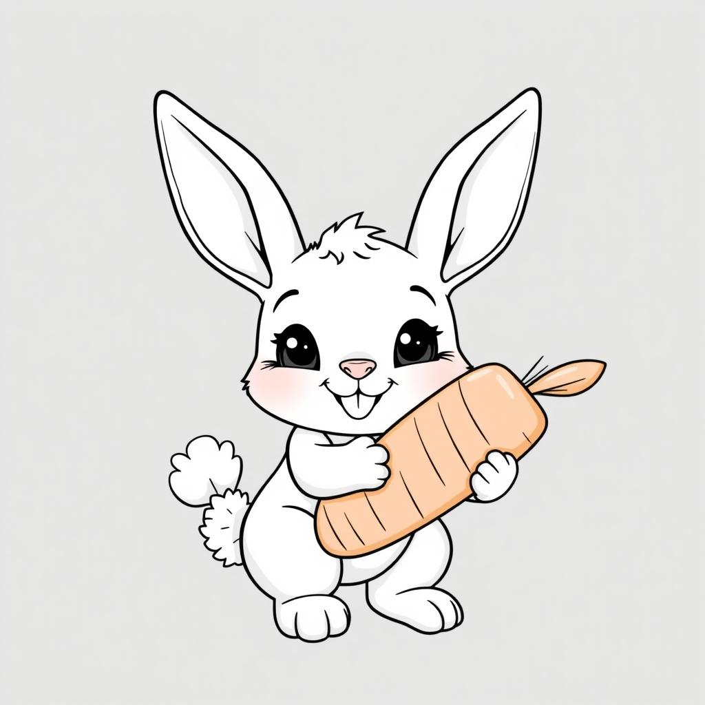 A smiling little bunny holding a large carrot with both paws