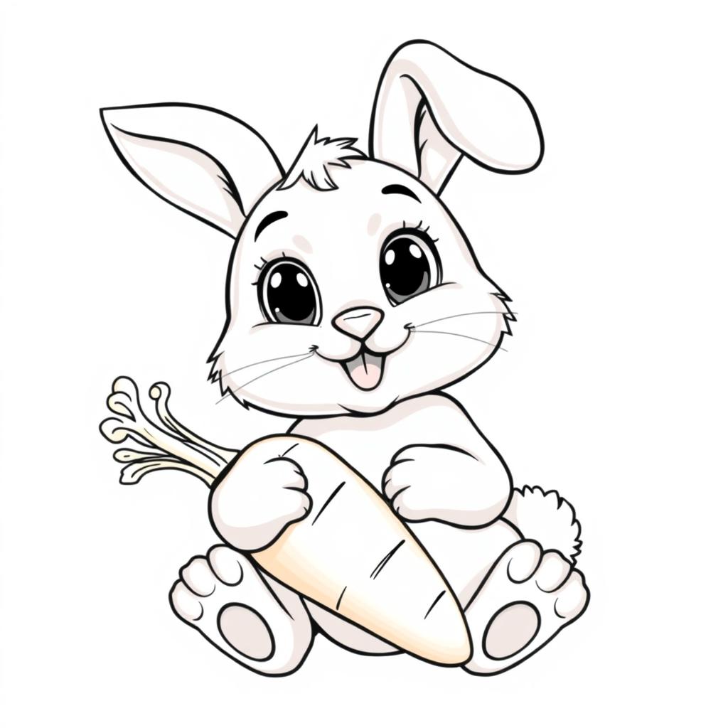 A smiling bunny holding a large carrot with its paws