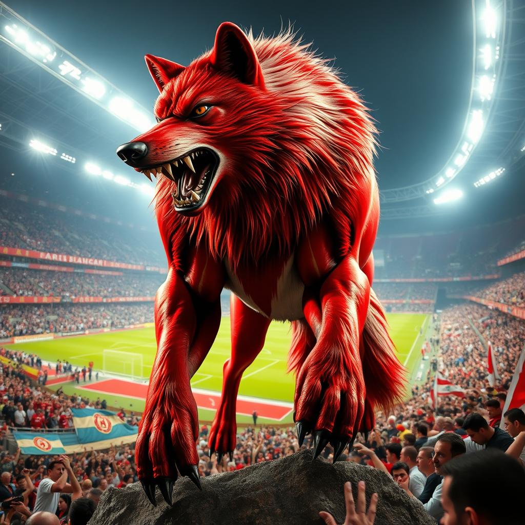 A strong and furious red wolf with gray hairs, towering at a height of 20 meters, stands in the midst of Tabriz Yadgar Emam Football Stadium