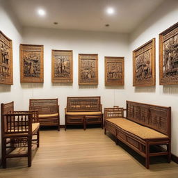 Create a charming family gathering scene in a gallery-like store, filled with rattan and bamboo benches. The room is adorned with Wayang Kulit, traditional Indonesian shadow puppets enhancing an intimate, cultural atmosphere.