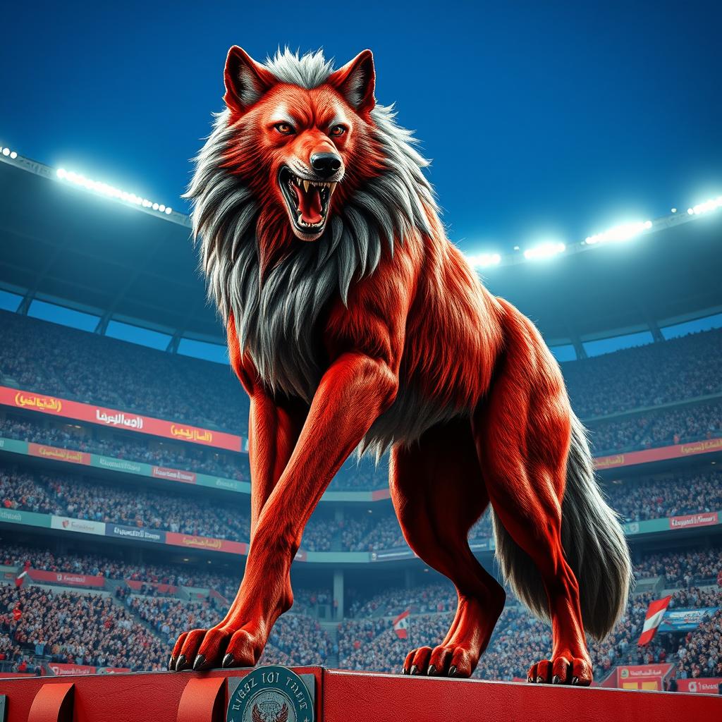 A majestic and powerful red wolf with striking gray hairs, towering at an impressive height of 20 meters
