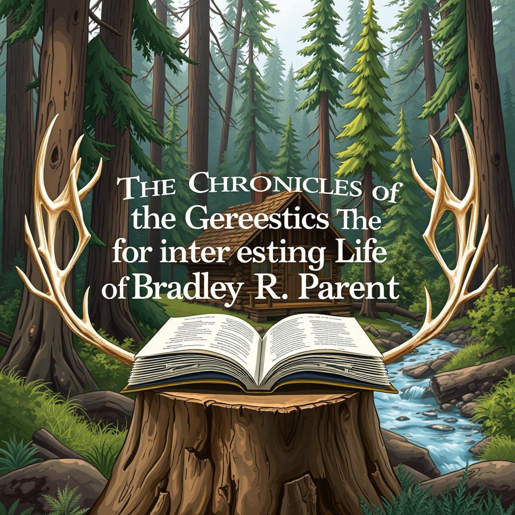 A charming illustration depicting a rustic cabin in a dense forest, surrounded by tall trees and vibrant greenery