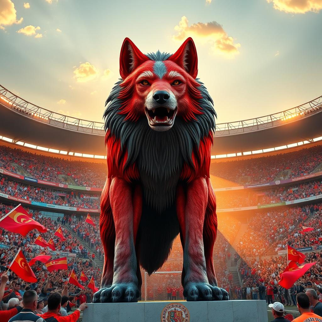 A majestic and powerful red wolf with prominent gray hairs, towering at an impressive height of 20 meters, stands in the center of the Tabriz Yadgar Emam Football Stadium