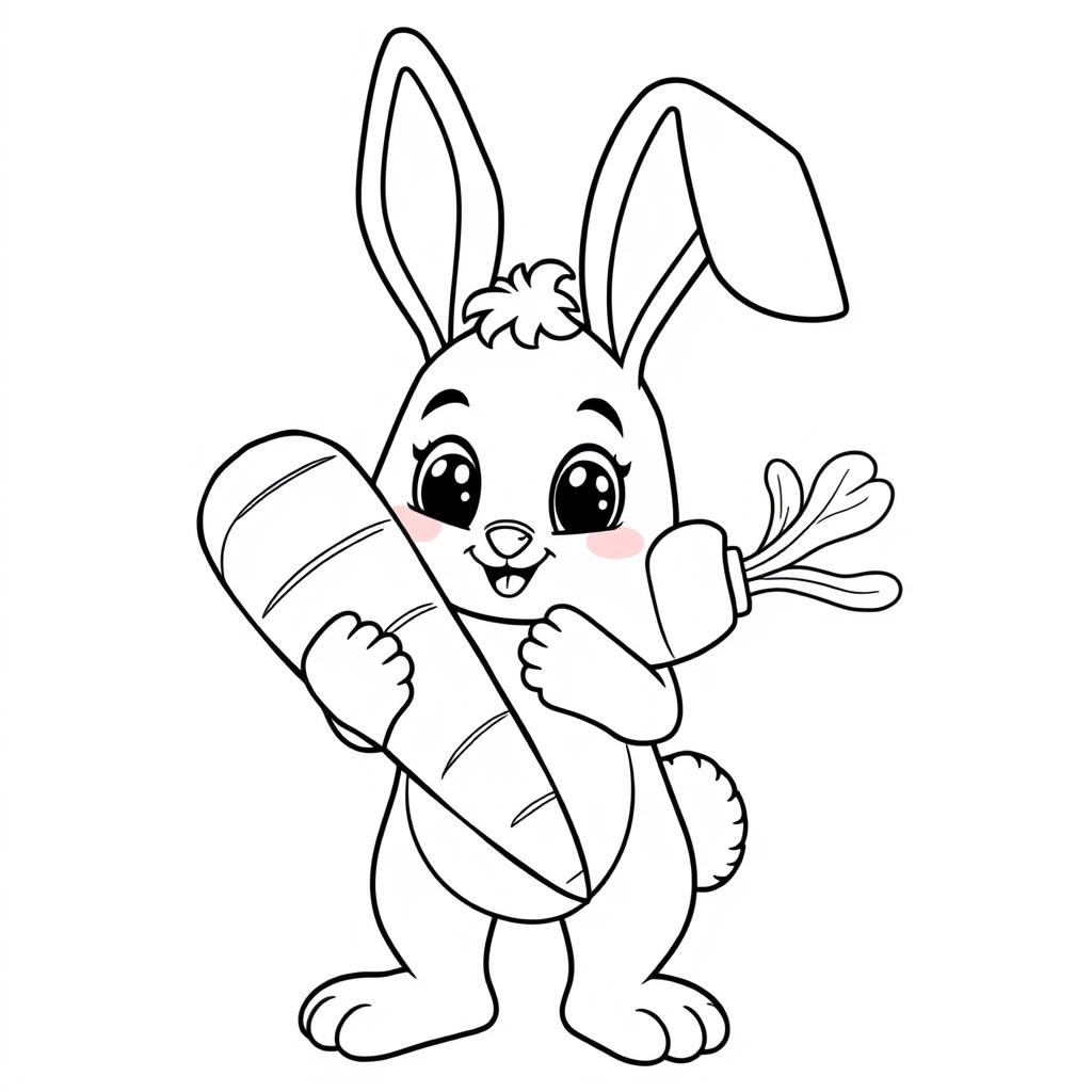 A smiling bunny holding a large carrot with both front paws