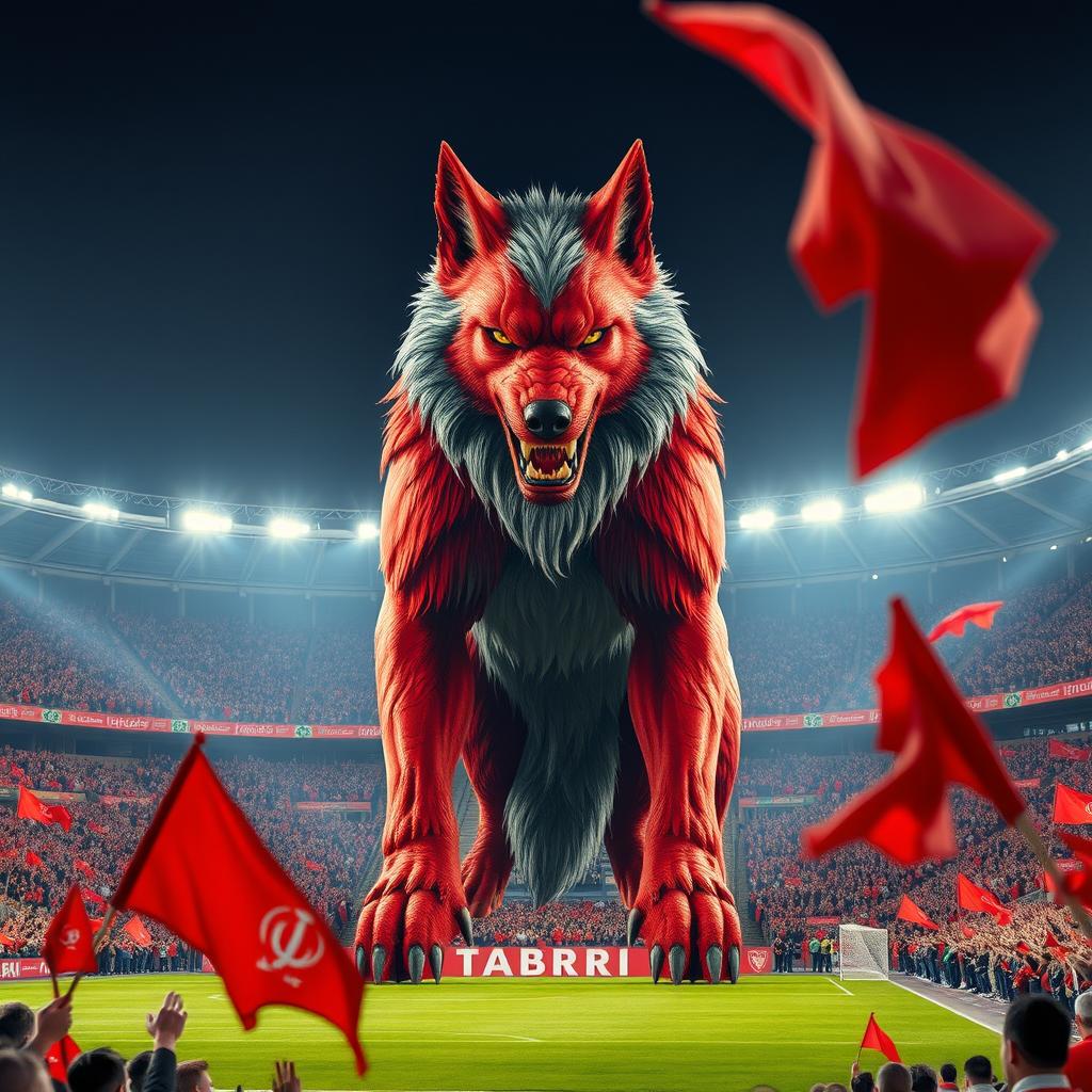 A strong and furious red wolf with gray hairs, towering at 20 meters in height, standing prominently in the center of the Tabriz Yadgar Emam Football Stadium