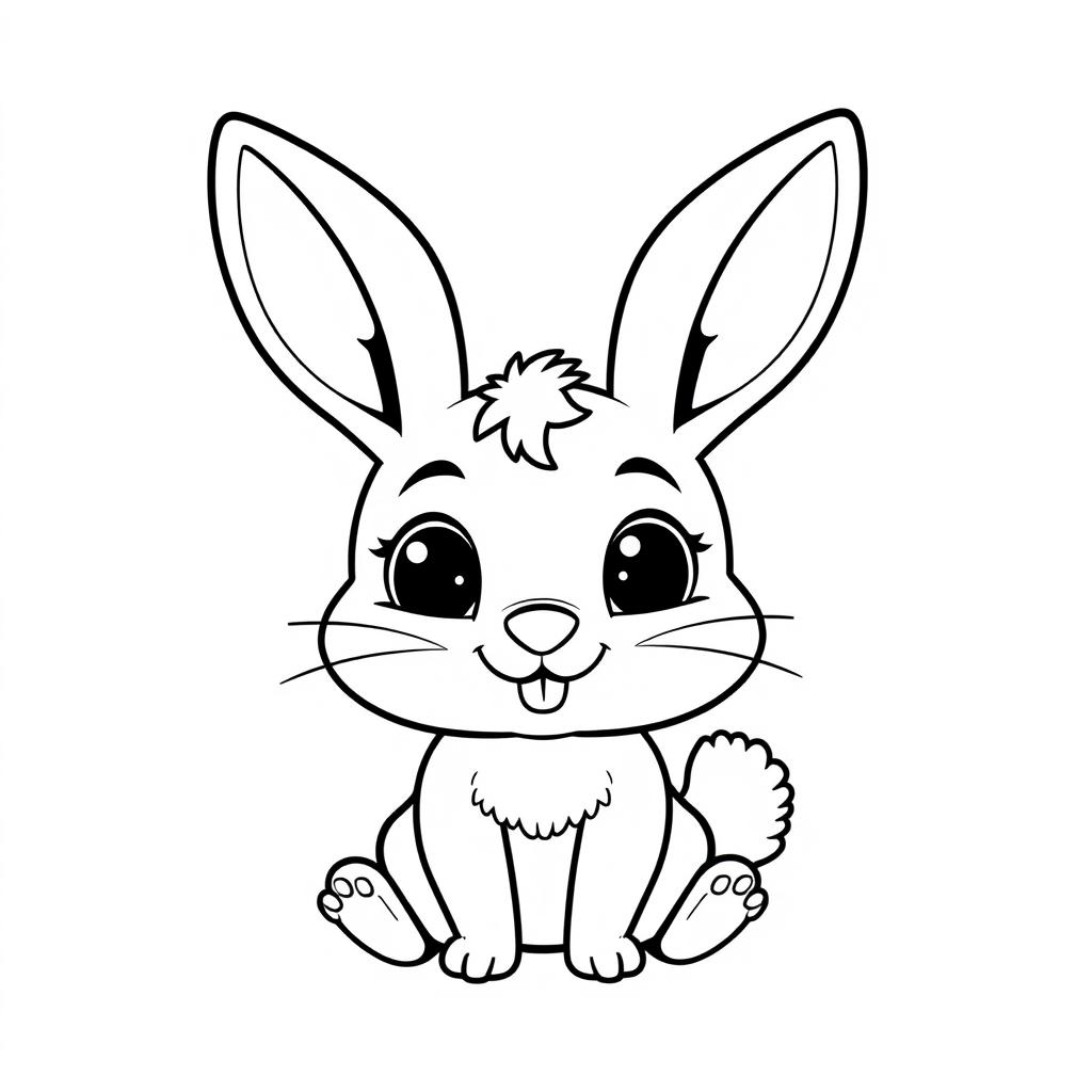 A smiling bunny with big expressive eyes, floppy ears, and a fluffy little tail