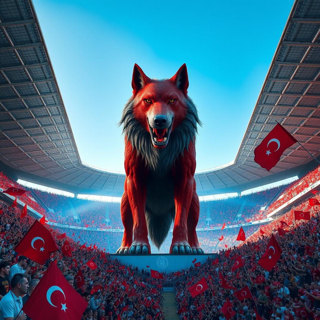 A massive and powerful red wolf towering at 20 meters height, featuring striking gray hairs, stands in the center of Tabriz Yadgar Emam Football Stadium