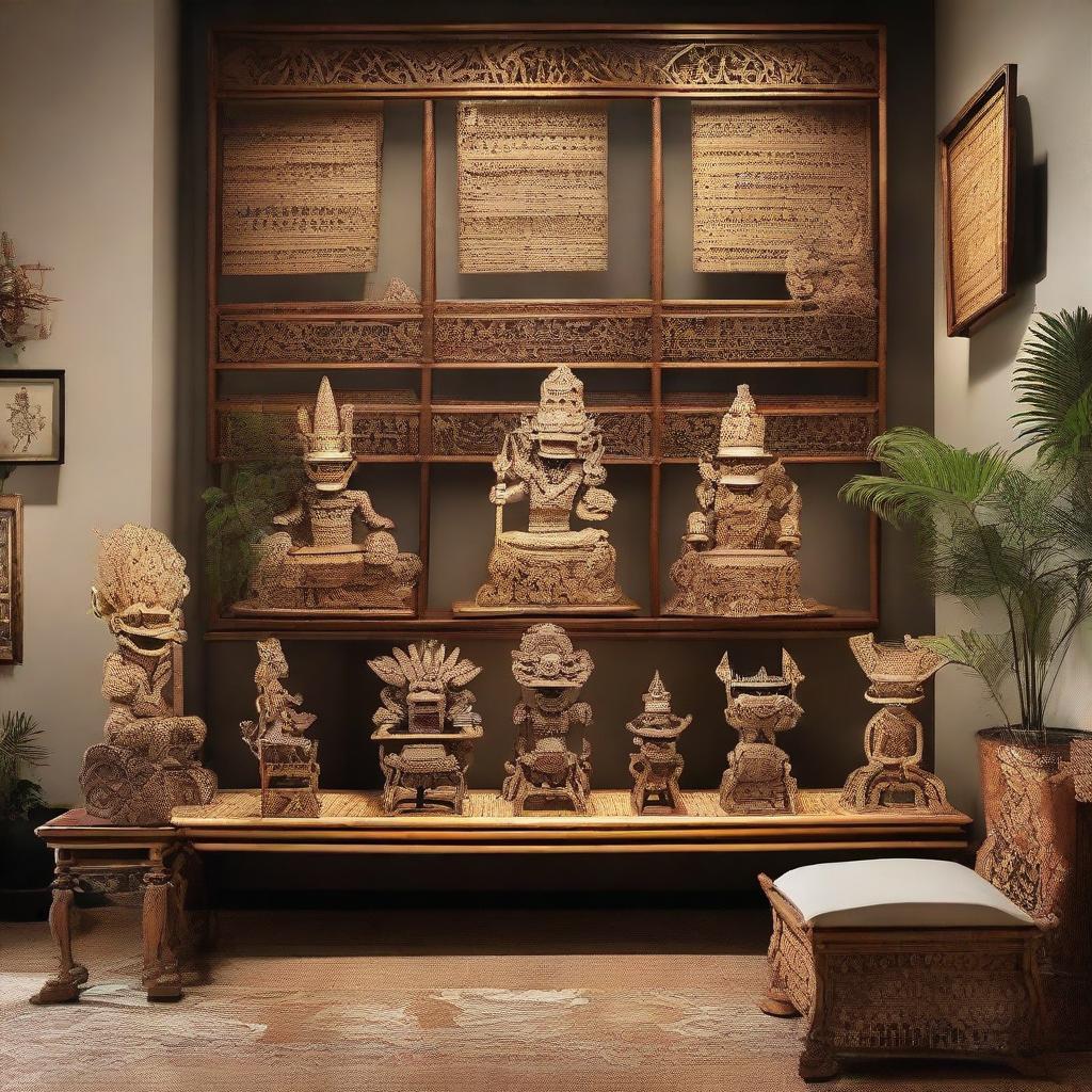 Create a charming family gathering scene in a gallery-like store, filled with rattan and bamboo benches. The room is adorned with Wayang Kulit, traditional Indonesian shadow puppets enhancing an intimate, cultural atmosphere.