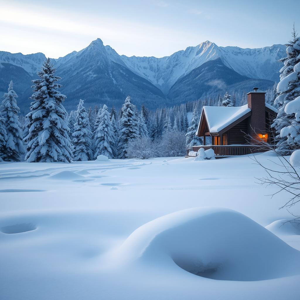 A serene winter landscape covered in thick, fluffy snow, with gently falling snowflakes