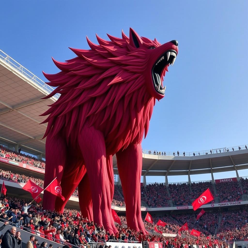 A powerful and furious red wolf, featuring a mix of vibrant red fur adorned with distinctive gray hairs, towering at an impressive height of 20 meters