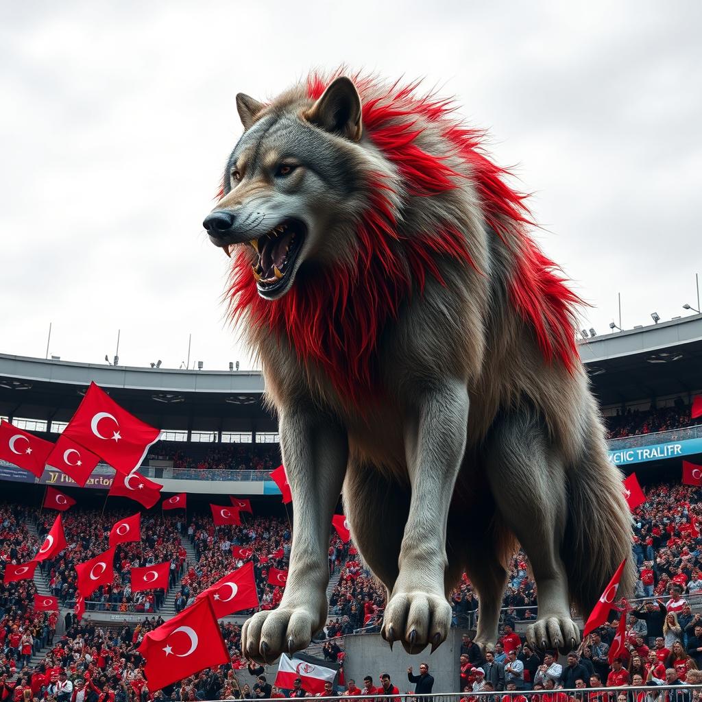 A towering, strong, and furious wolf with striking gray and red fur furiously standing in the Tabriz Yadgar Emam Football Stadium