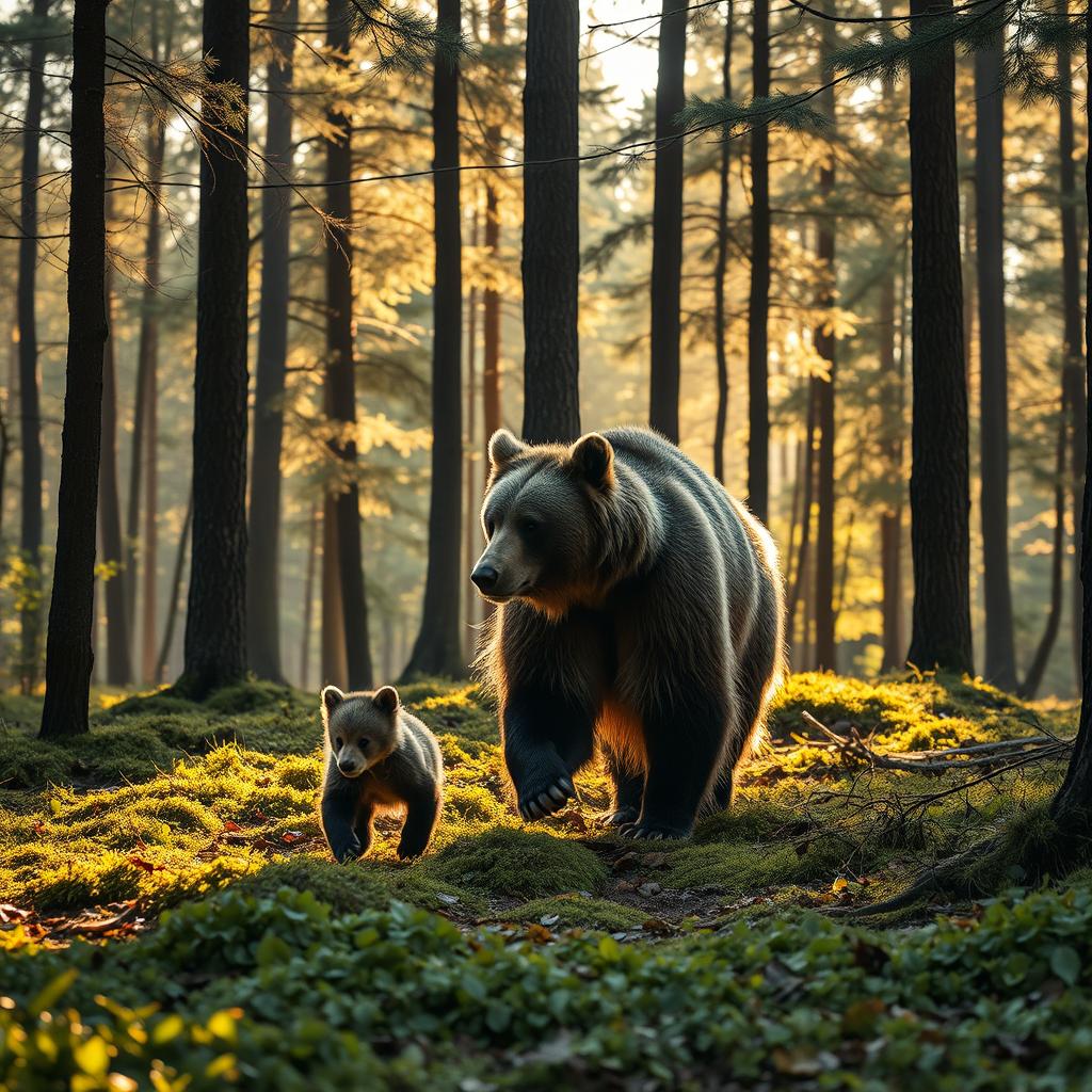 A serene forest scene where sunlight filters through the branches of tall trees, casting warm golden hues on the dense foliage of the forest floor