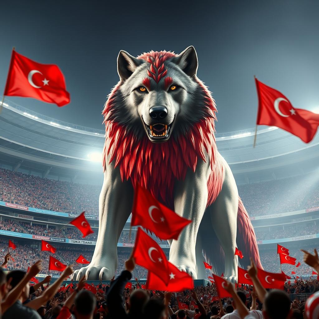 A colossal and powerful wolf towering at 20 meters tall, featuring a striking blend of gray and red fur, stands majestically in the center of Tabriz Yadgar Emam Football Stadium