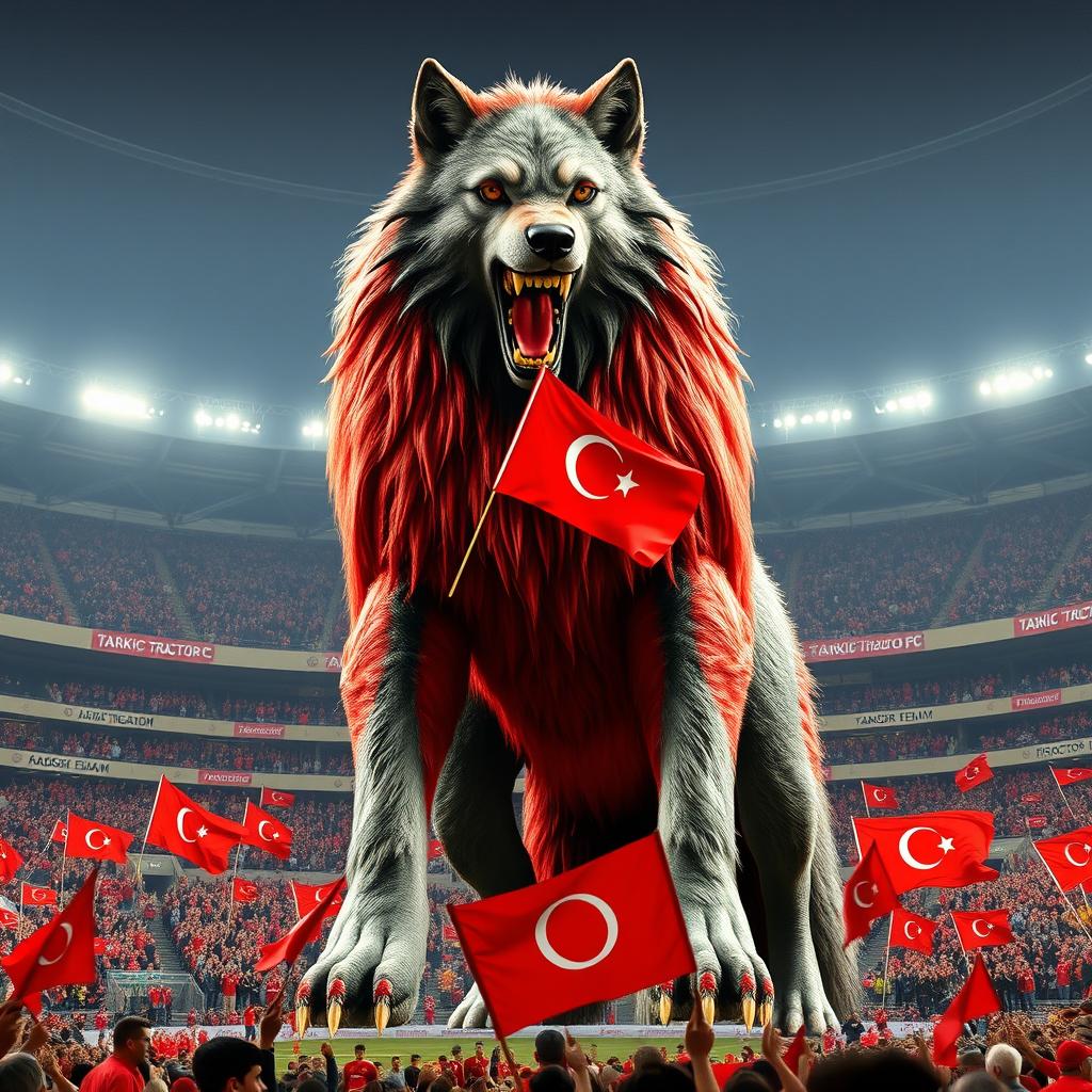 A massive, strong, and furious wolf towering at 20 meters tall, with a striking blend of gray and red fur, stands majestically in the middle of Tabriz Yadgar Emam Football Stadium