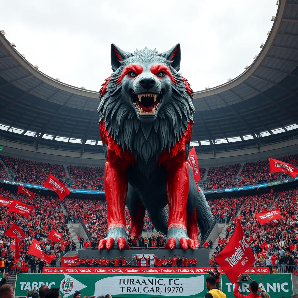 A colossal and fierce wolf standing at an impressive height of 20 meters in the center of Tabriz Yadgar Emam Football Stadium