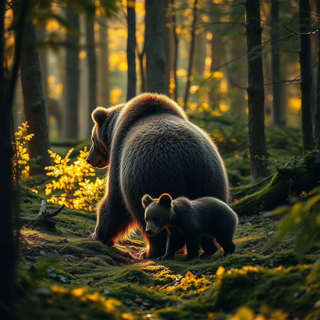 In a dense, golden-hued forest, an adult bear and her cub navigate through the underbrush
