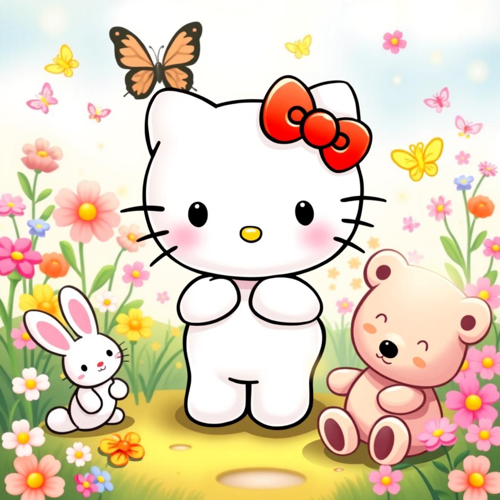A cute and friendly Hello Kitty character, depicted with her iconic red bow on her head, standing in a vibrant and colorful world filled with flowers and butterflies