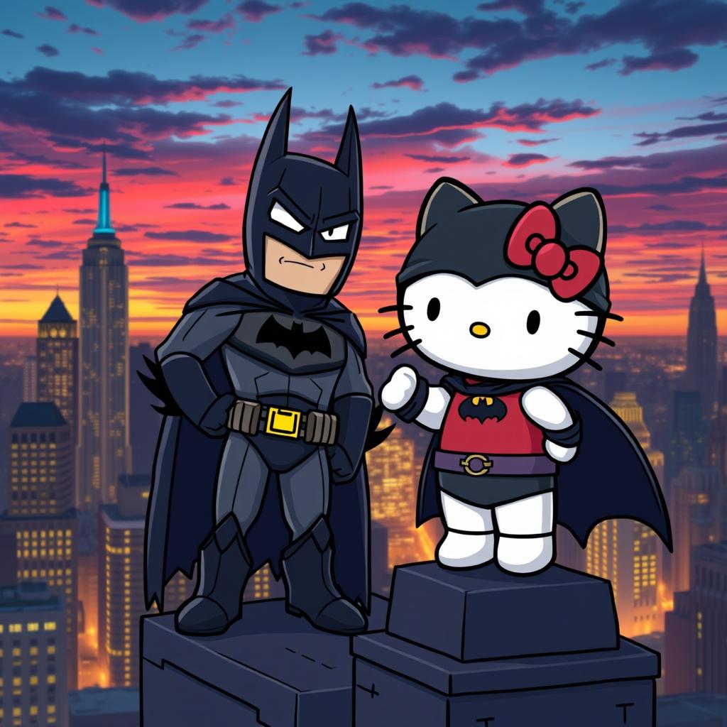 A whimsical crossover scene featuring Hello Kitty dressed in a miniature Batman costume, complete with a cape and mask, standing heroically atop a building in a cityscape at dusk