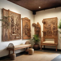 Create a charming family gathering scene in a gallery-like store, filled with rattan and bamboo benches. The room is adorned with Wayang Kulit, traditional Indonesian shadow puppets enhancing an intimate, cultural atmosphere.