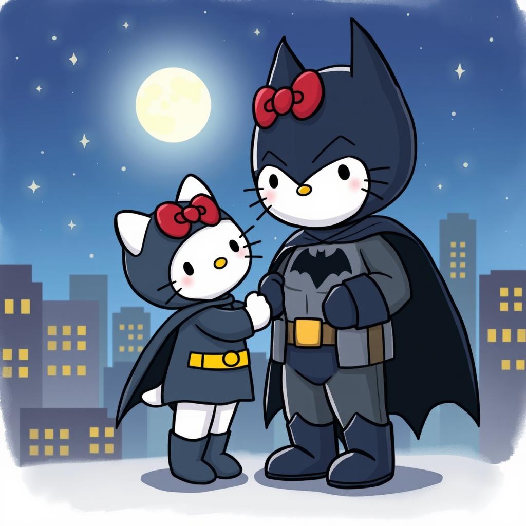 An adorable and heartwarming scene featuring Hello Kitty and Batman as a cute couple