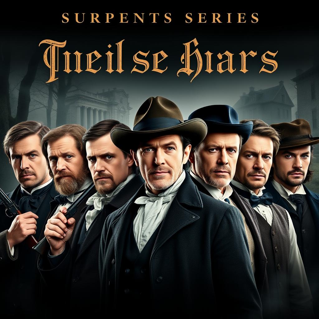 A thrilling poster featuring seven handsome men from the colonial era, all dressed in elegant period attire, showcasing their strong, determined expressions