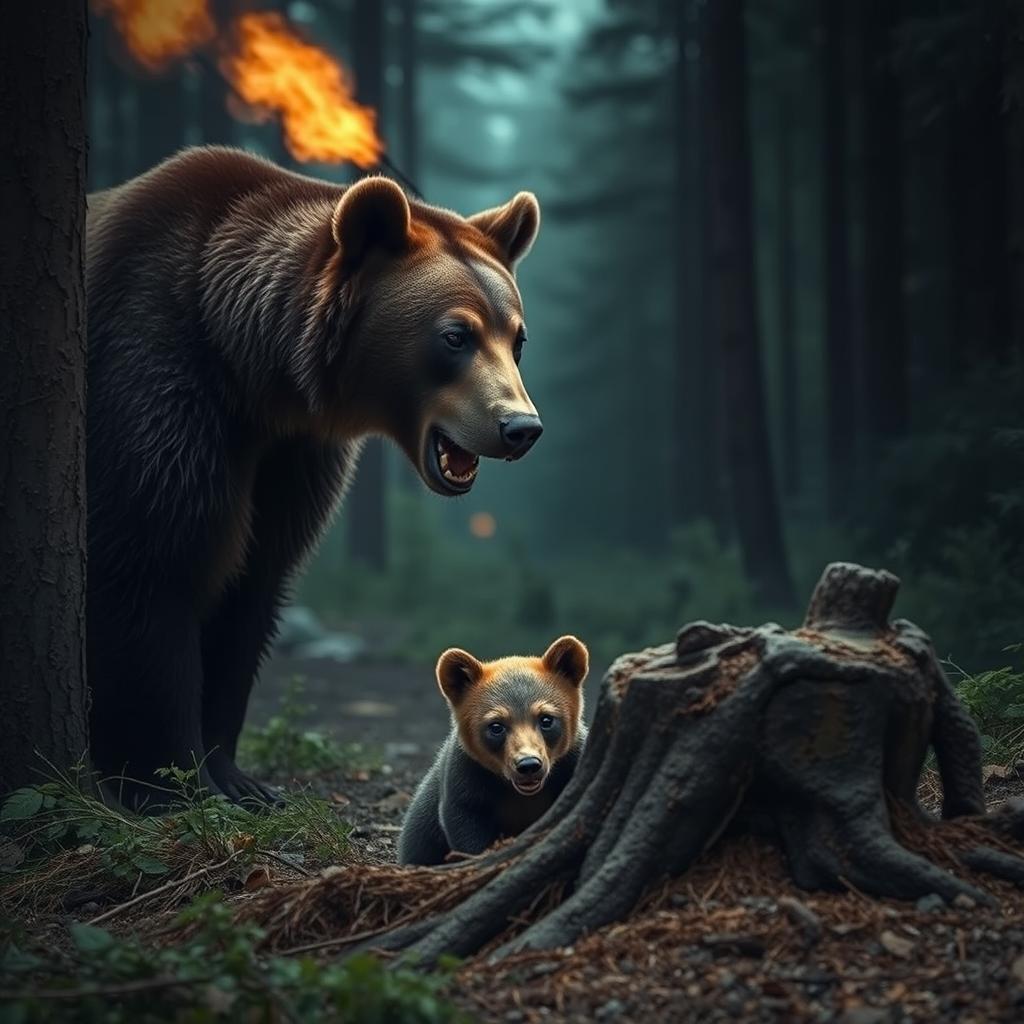 A dramatic scene in a dense forest where a mother bear is alert and anxious, standing with ears perked and sniffing the air, while her confused cub hides behind a protruding root