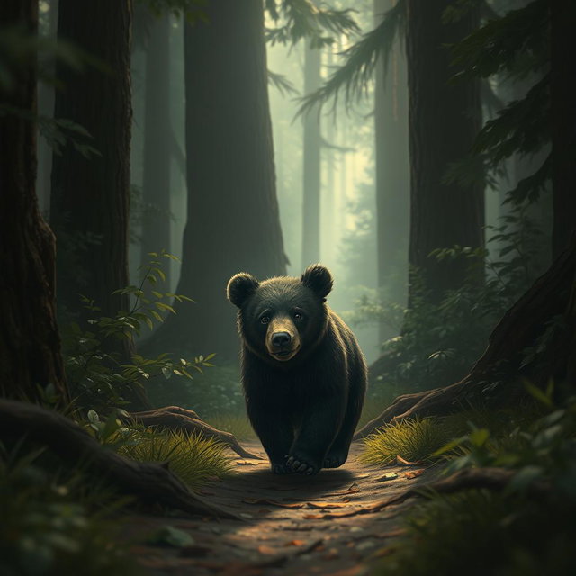 A small bear walking through a dense forest, its tiny body tense with fear, tears glistening in its eyes