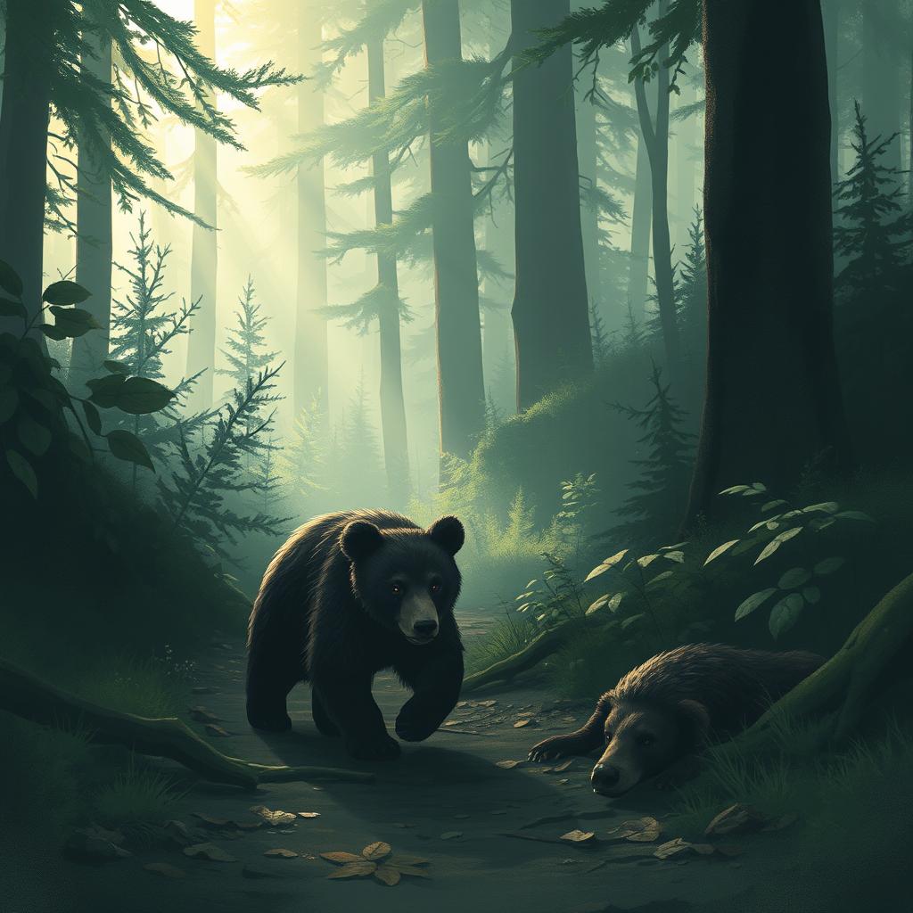 A small bear walking through a dense forest, its tiny body tense with fear, tears glistening in its eyes