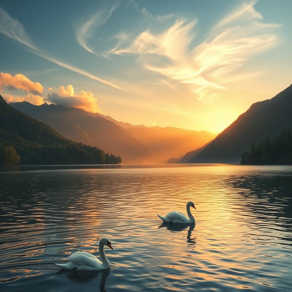 Tranquil Sunset Lake Landscape with Swans