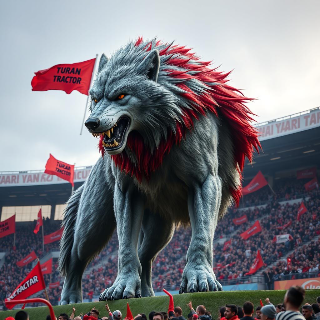 A strong and furious wolf with striking gray and red fur, towering at an impressive 20 meters in height, stands majestically in the middle of Tabriz Yadgar Emam Football Stadium