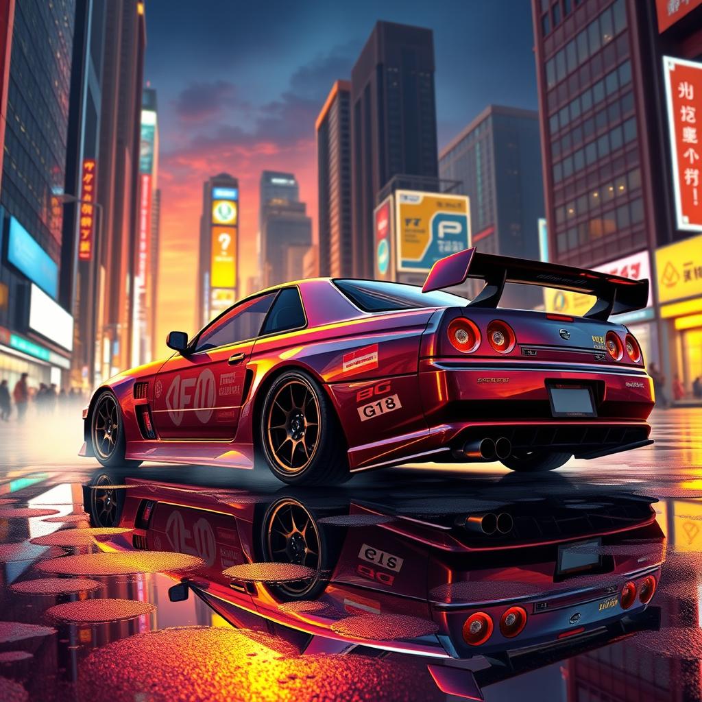 A stunning JDM (Japanese Domestic Market) car illustrated in a vibrant urban setting at sunset