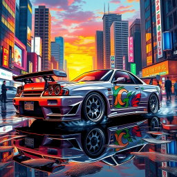 A stunning JDM (Japanese Domestic Market) car illustrated in a vibrant urban setting at sunset