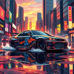 A stunning JDM (Japanese Domestic Market) car illustrated in a vibrant urban setting at sunset