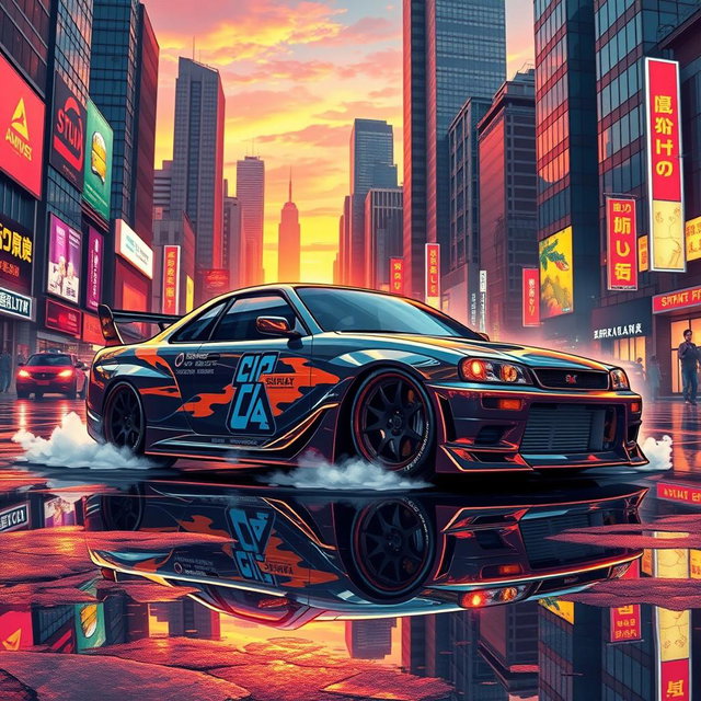 A stunning JDM (Japanese Domestic Market) car illustrated in a vibrant urban setting at sunset