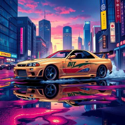 A stunning JDM (Japanese Domestic Market) car illustrated in a vibrant urban setting at sunset