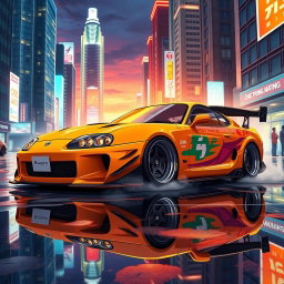 A captivating JDM (Japanese Domestic Market) car illustrated in a vibrant urban setting at sunset, formatted for a 500 by 500 pixel image