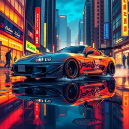 A captivating JDM (Japanese Domestic Market) car illustrated in a vibrant urban setting at sunset, formatted for a 500 by 500 pixel image