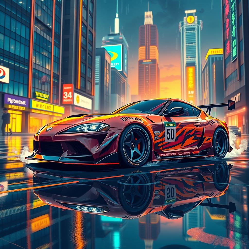 A captivating JDM (Japanese Domestic Market) car illustrated in a vibrant urban setting at sunset, formatted for a 500 by 500 pixel image