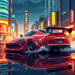 A captivating JDM (Japanese Domestic Market) car illustrated in a vibrant urban setting at sunset, formatted for a 500 by 500 pixel image