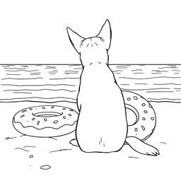 A black and white coloring page illustration featuring a dog sitting on the sandy beach, facing the calm sea