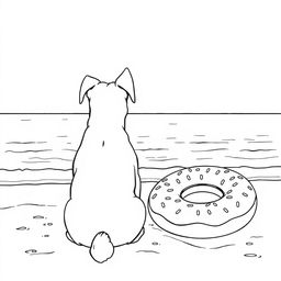 A black and white coloring page illustration featuring a dog sitting on the sandy beach, facing the calm sea